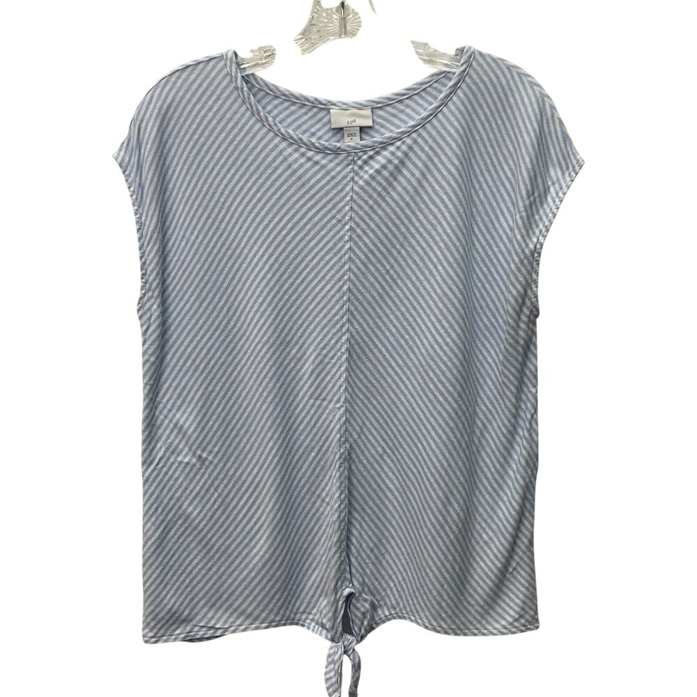 J.Jill Womens Large Light Blue White Striped Tie Bottom Front Cap Sleeve Blouse